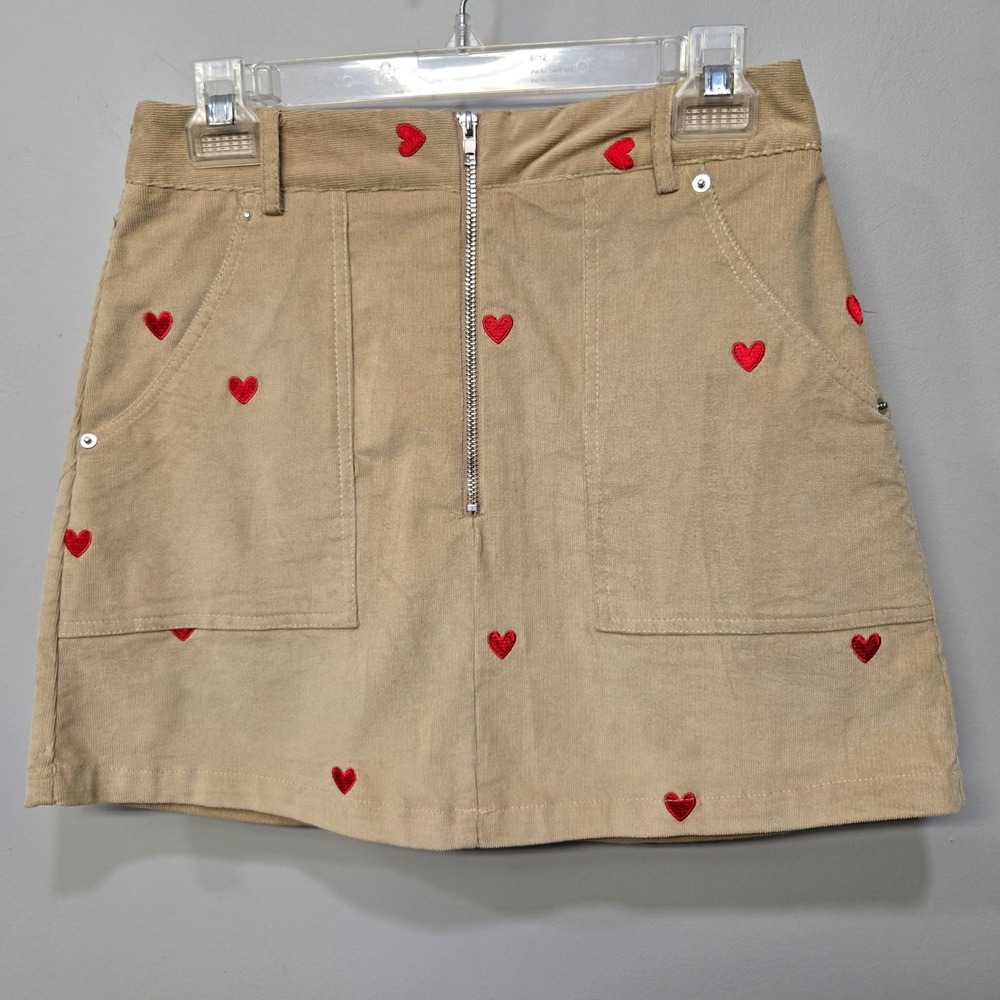 Cider Micro Mini Skirt‎ Medium Tan Retro 70s Corduroy Heart Embroidered Pockets